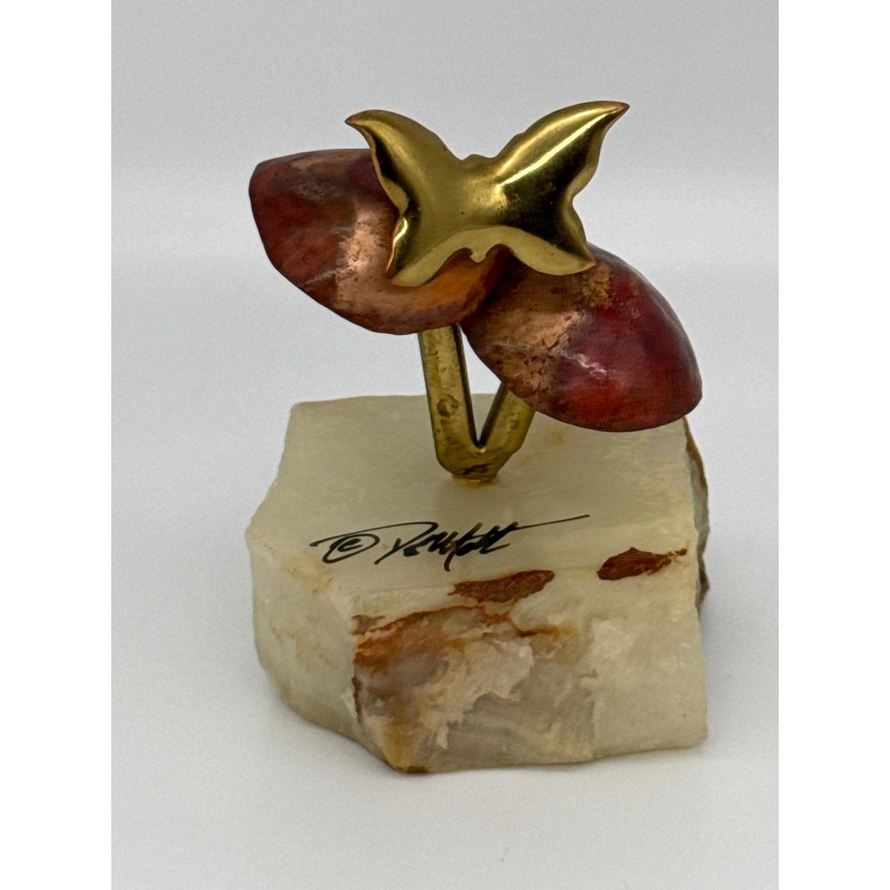 DeMott Signed Gold Metal Butterfly on Mushroom Sculpture on Onyx Stone Base‎